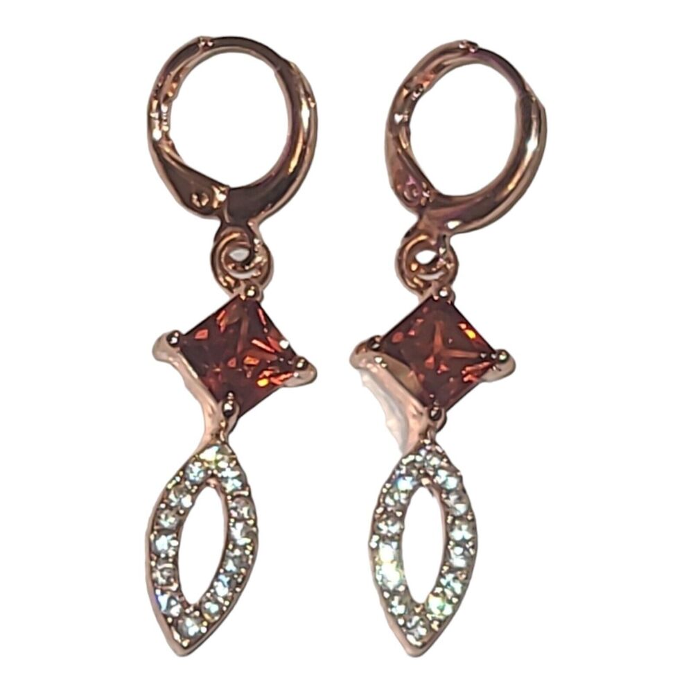 Rose Gold Tone Red & White Crystal Rhinestone Dangle Earrings‎ 1.5"